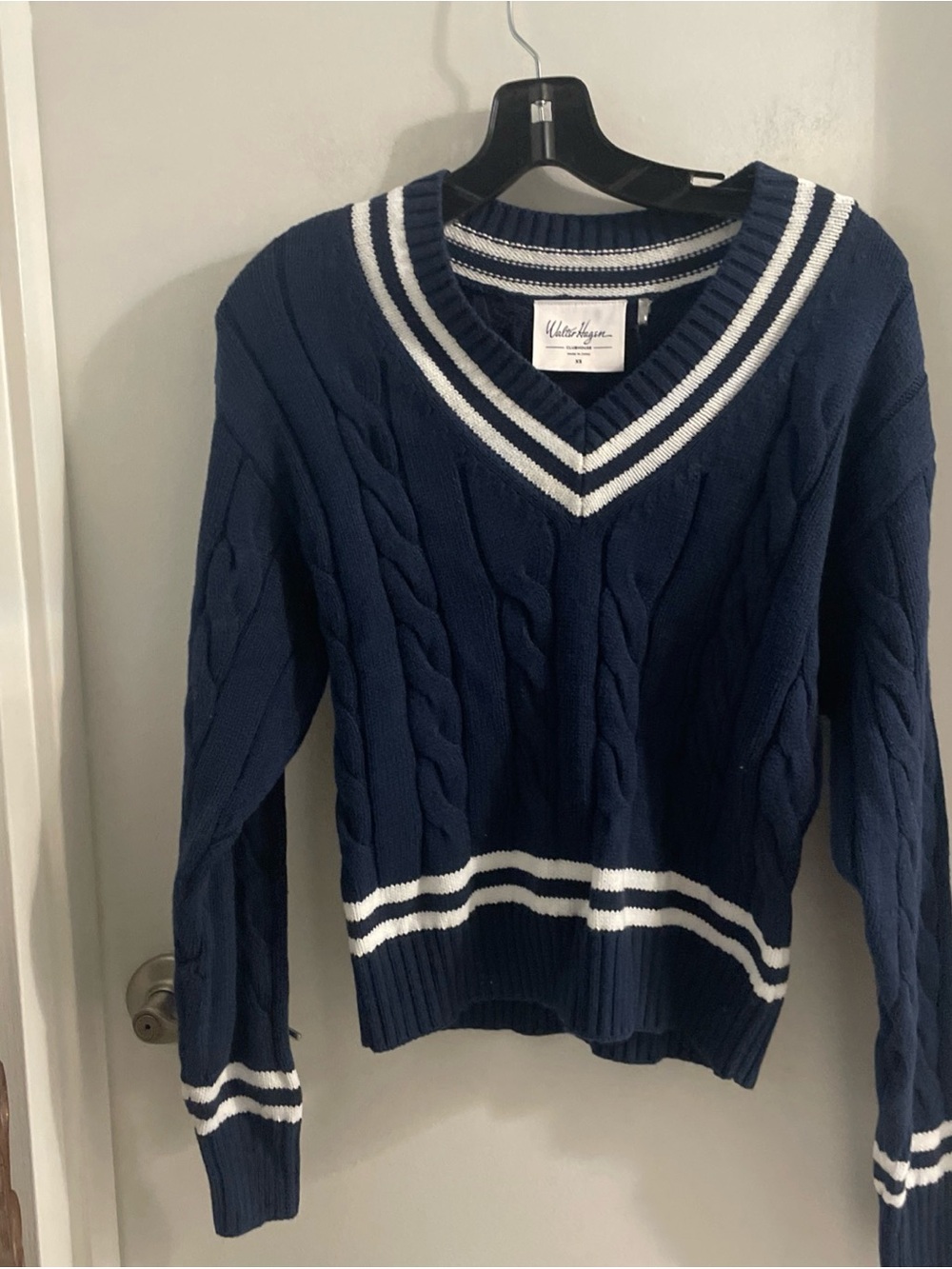 NWT Walter Hagen Clubhouse XS Navy White Cable Knit V-Neck Varsity sweater $80